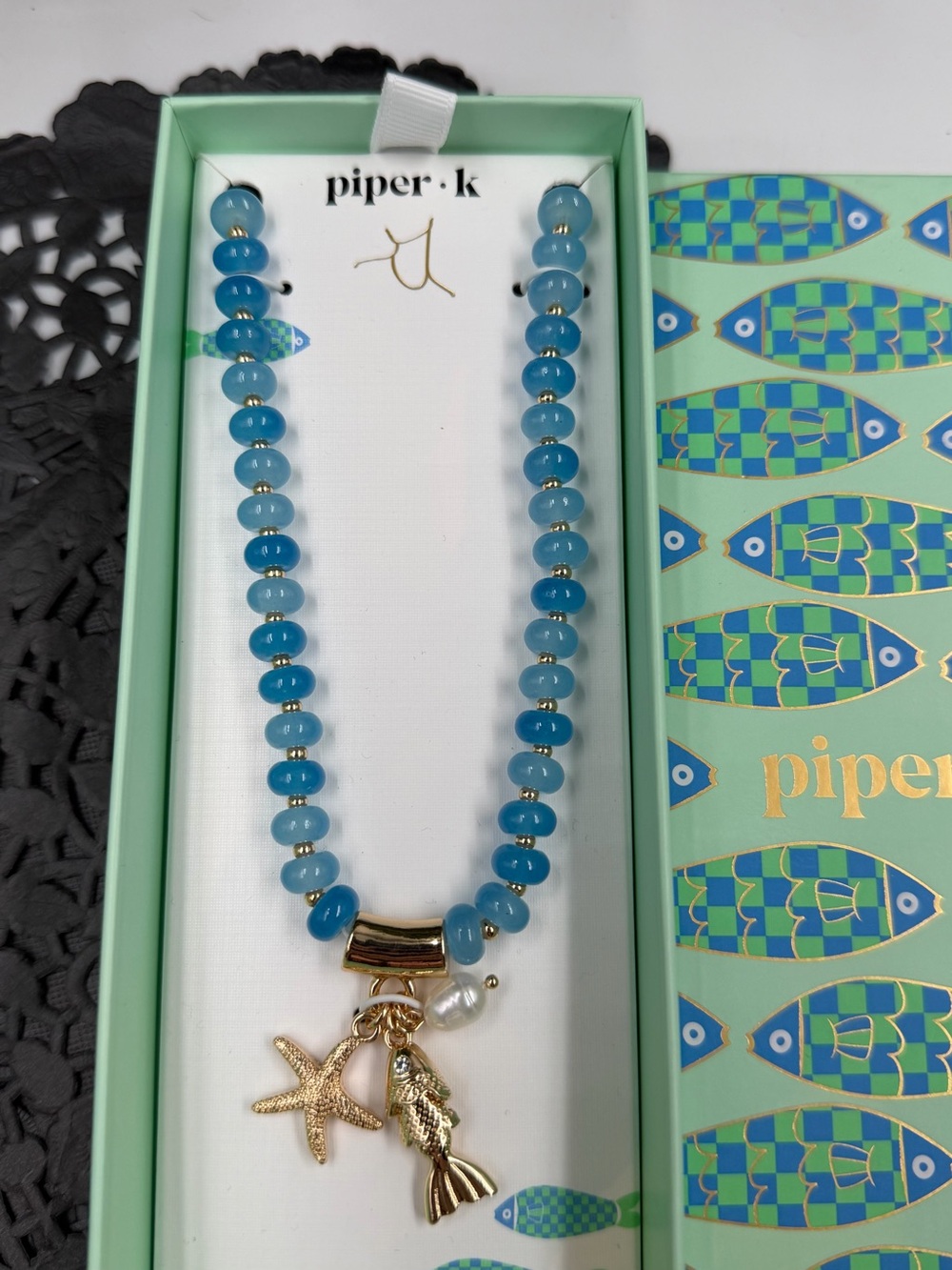 Piper K Coastal Charm Necklace Blue Beaded Starfish Fish Pearl Pendant
